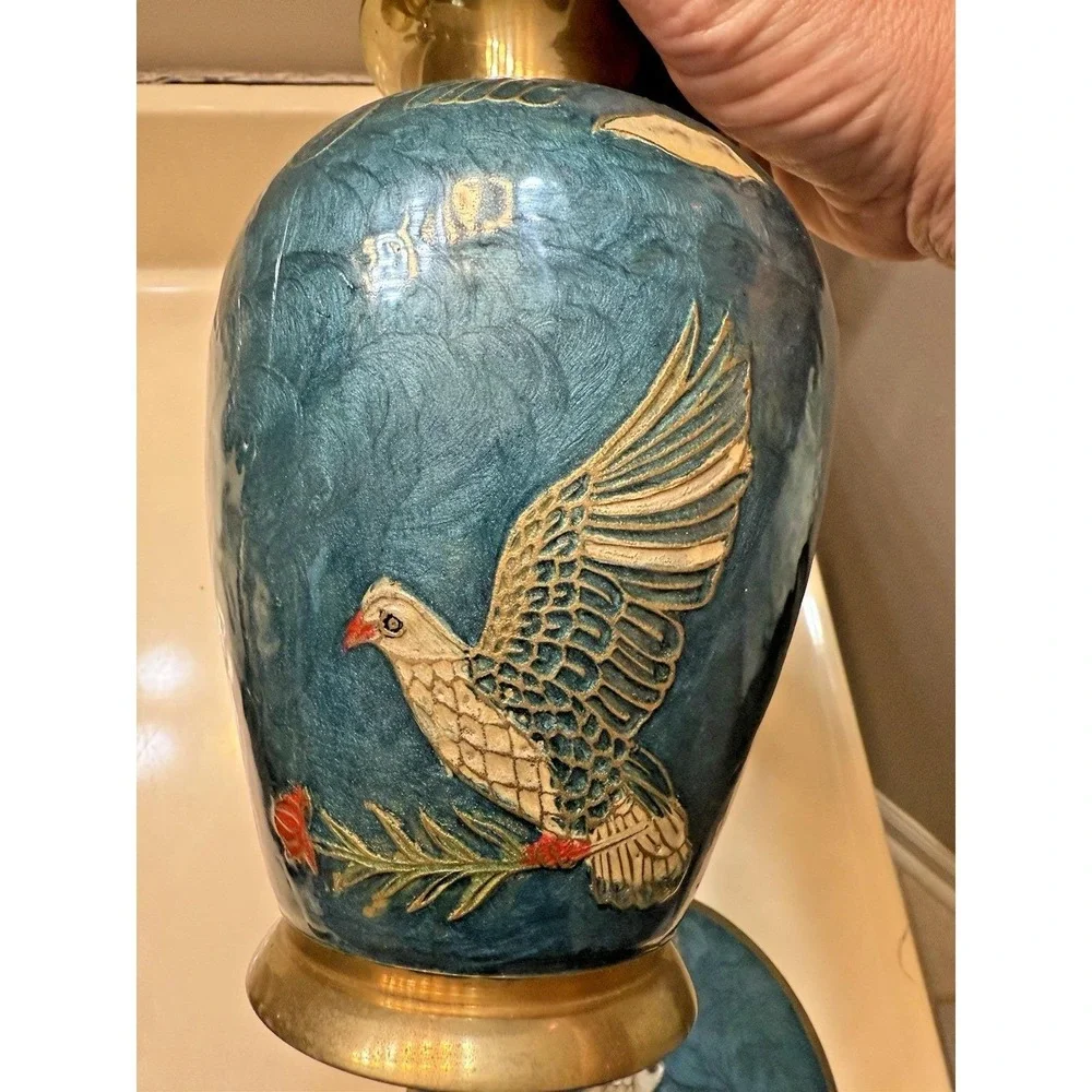 Vintage Brass Enameled Vase and Trinket Jewelry Box Birds w/Roses Peace India
